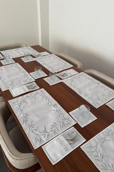 Nazlım Keten Nakışlı Amerikan Servis Takımı 19 Parça Silver - Çeyiz Diyarı