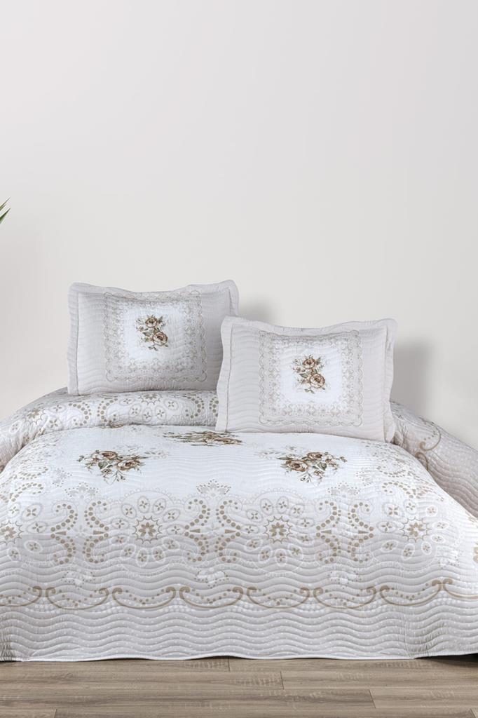 Nerea Baskılı Kapitoneli Çift Kişilik Yatak Örtüsü Açık Kahve - 1