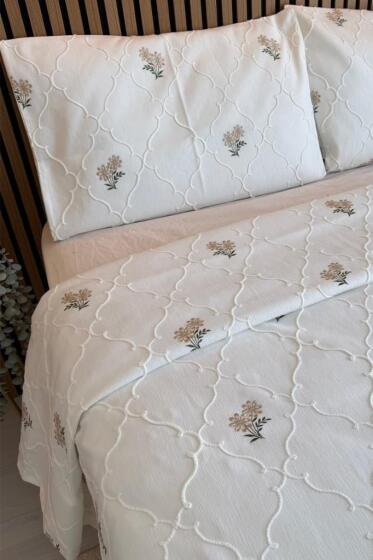Nevra Nakışlı Şönil 3 Parça Çift Kişilik Yatak Örtüsü Bej - Çeyiz Diyarı (1)
