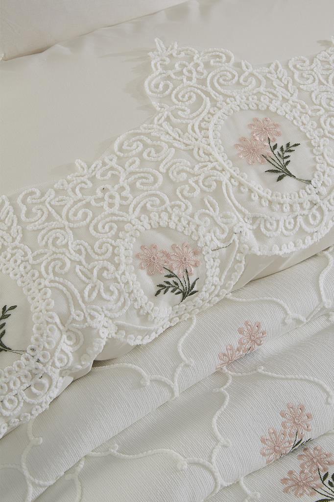 Nevra Nakışlı Şönil 7 Parça Gelin Seti Krem - 5