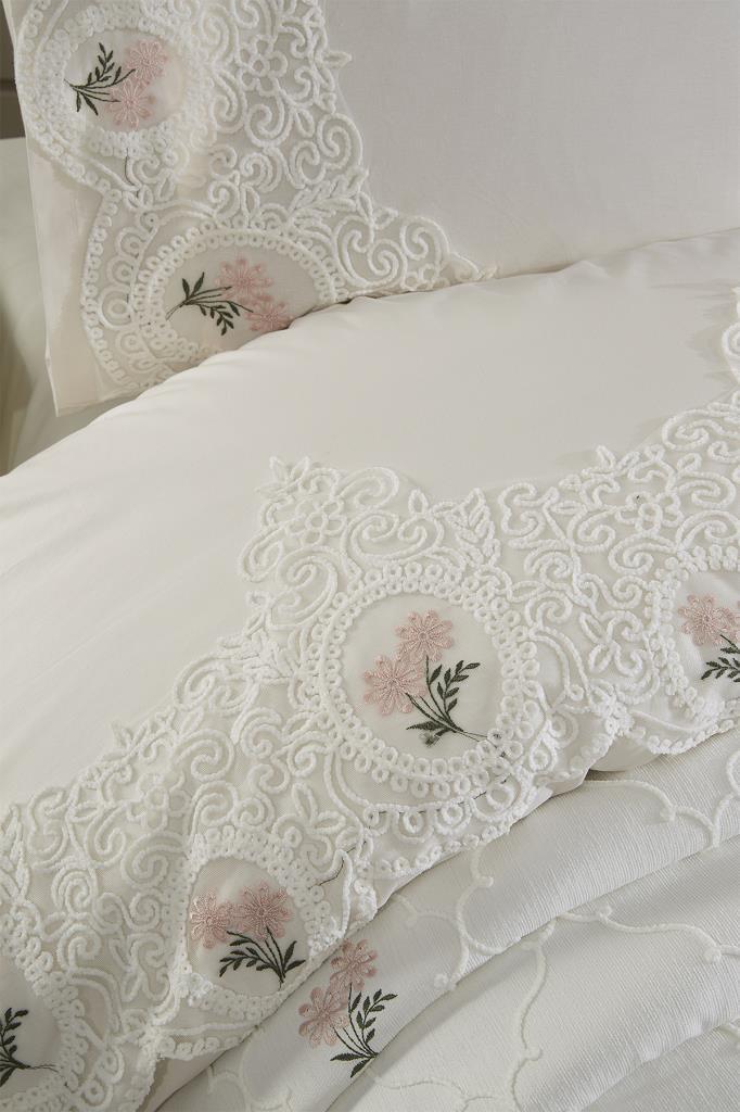 Nevra Nakışlı Şönil 7 Parça Gelin Seti Krem - 6