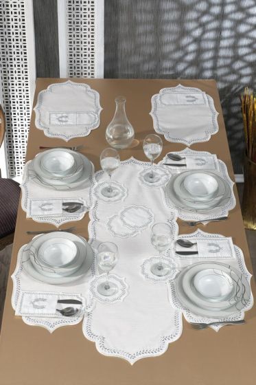 Nişan Keten Nakışlı Amerikan Servis Takımı 19 Parça Silver - Çeyiz Diyarı