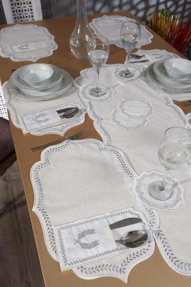 Nişan Keten Nakışlı Amerikan Servis Takımı 19 Parça Silver - Çeyiz Diyarı (1)
