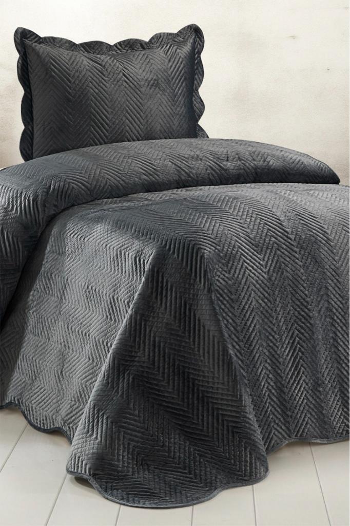 Nora Lüks Kadife Tek Kişilik Yatak Örtüsü Koyu Gri - 1