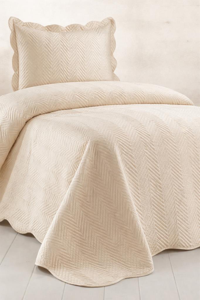 Nora Lüks Kadife Tek Kişilik Yatak Örtüsü Krem - 1