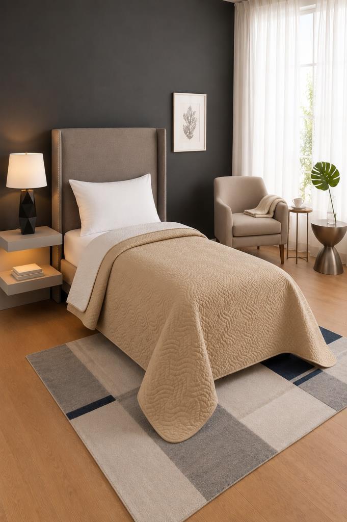 Nova Ultrasonik Kapitoneli Çift Taraflı Tek Kişilik 160x210 cm Kırlentsiz Tek Pike Bej - 1