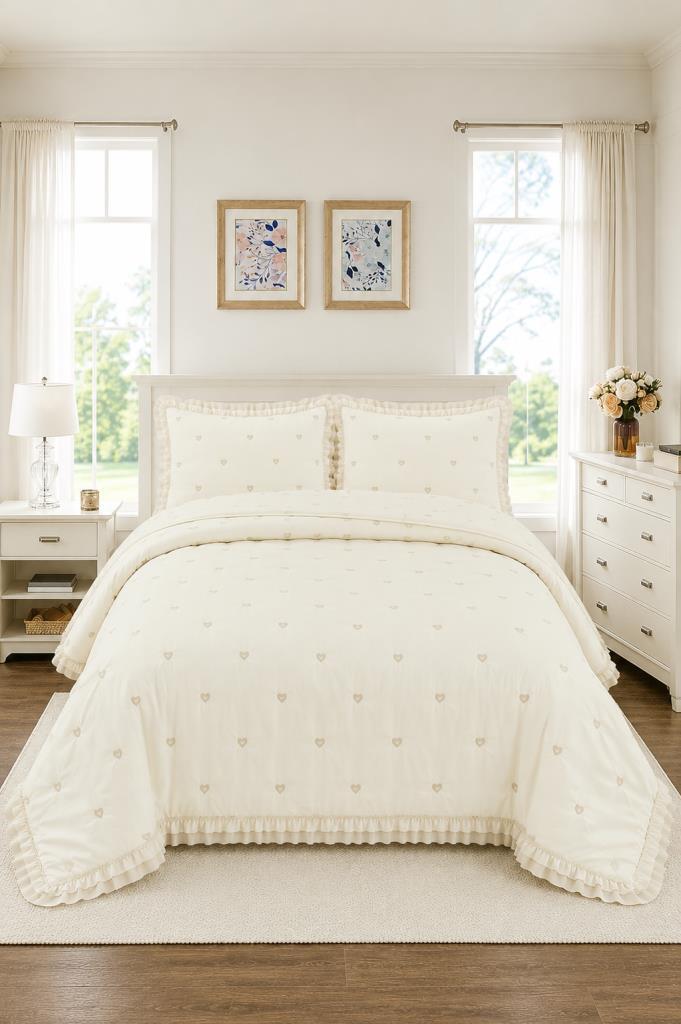 Nove Kalp Elyaf Dolgulu Çift Kişilik 240x260 Cm Yatak Örtüsü Krem - 1