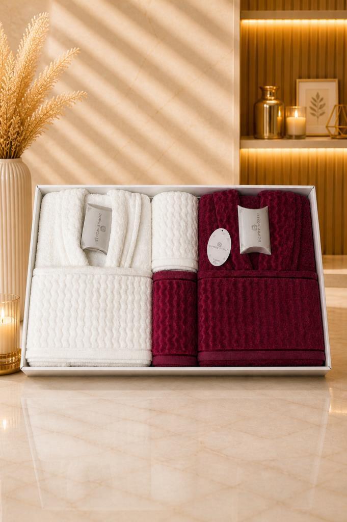Nuvia 8 Parça Aile Bornoz Takımı Krem - Bordo - 1