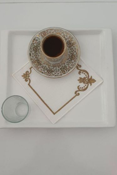 Osmanlı Nakışlı Keten Kare Bardak Altlığı Seti 6 Lı - Çeyiz Diyarı