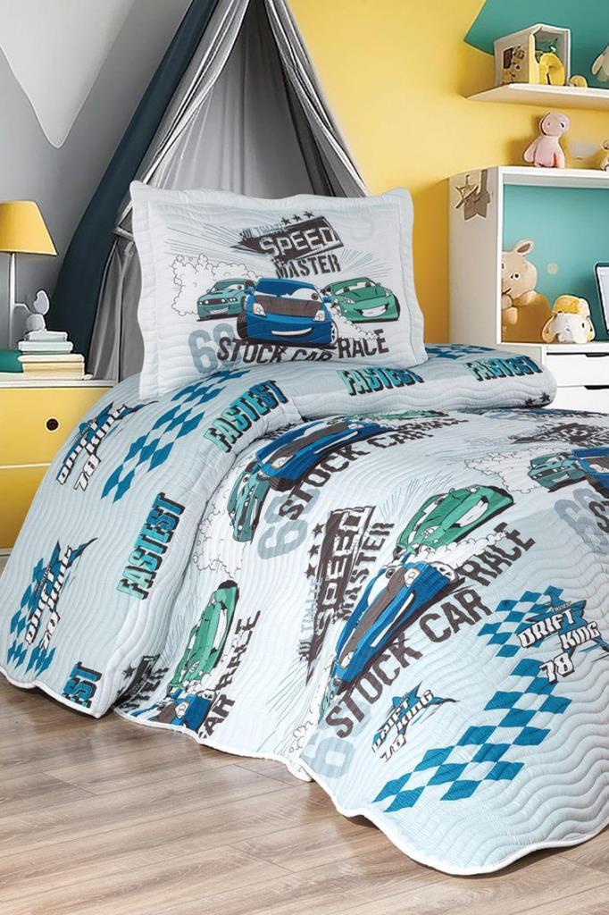 Oto Show Baskılı Kapitoneli Tek Kişilik Yatak Örtüsü Mavi - 1