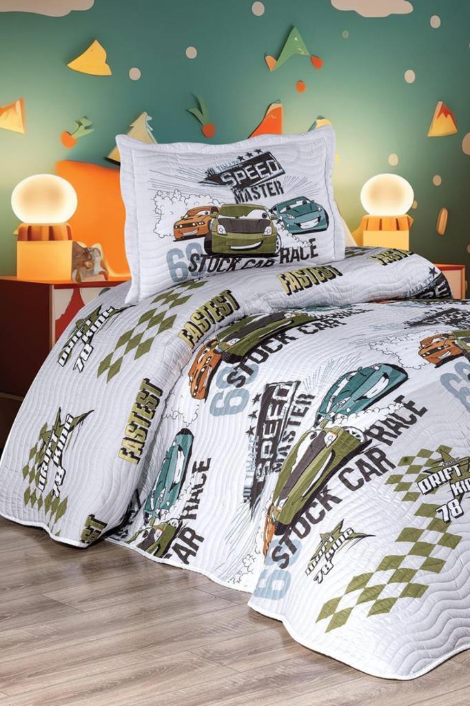 Oto Show Baskılı Kapitoneli Tek Kişilik Yatak Örtüsü Yeşil - 1