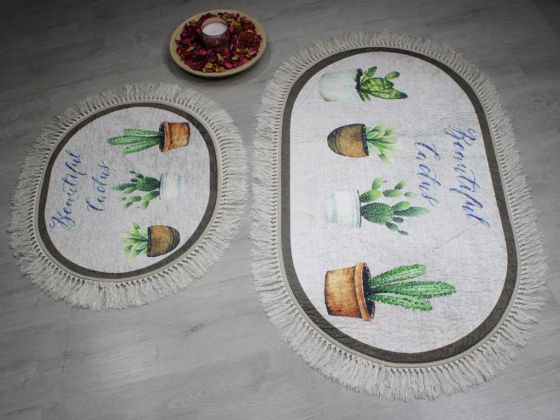 Oval Saçaklı 2'li Banyo Paspas Takımı Beautiful Cactus Gri - Çeyiz Diyarı