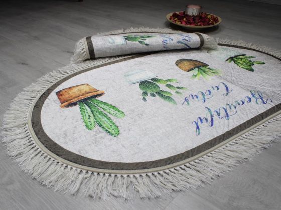 Oval Saçaklı 2'li Banyo Paspas Takımı Beautiful Cactus Gri - Çeyiz Diyarı (1)