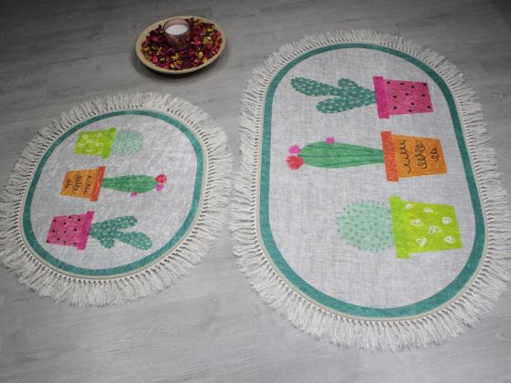 Oval Saçaklı 2'li Banyo Paspas Takımı Cactus Gri - Çeyiz Diyarı
