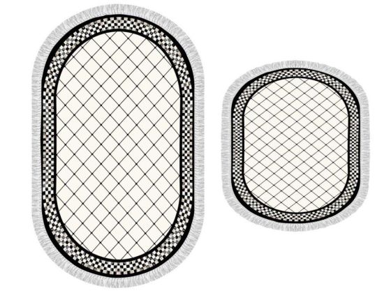 Oval Saçaklı 2'li Banyo Paspas Takımı Dama Beyaz - Çeyiz Diyarı