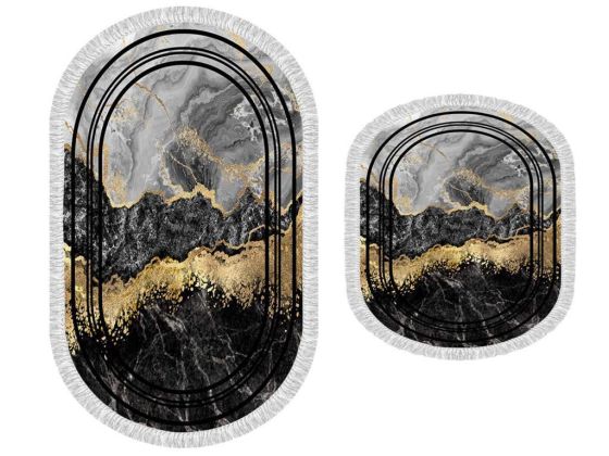 Oval Saçaklı 2'li Banyo Paspas Takımı Lava Life Siyah Gold - Çeyiz Diyarı