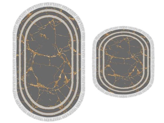 Oval Saçaklı 2'li Banyo Paspas Takımı Linear Stone Gri Gold - Çeyiz Diyarı