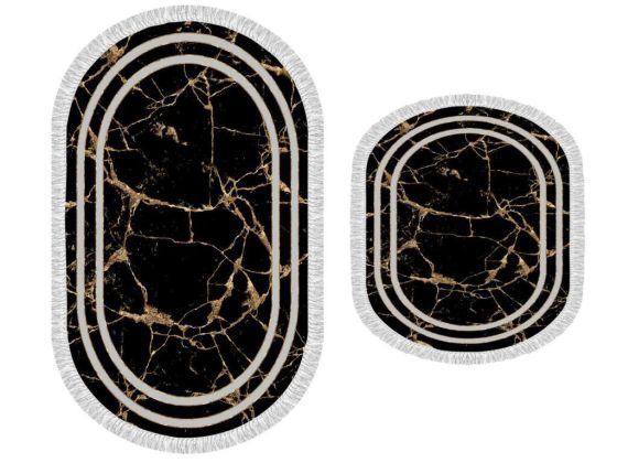 Oval Saçaklı 2'li Banyo Paspas Takımı Linear Stone Siyah Gold - Çeyiz Diyarı