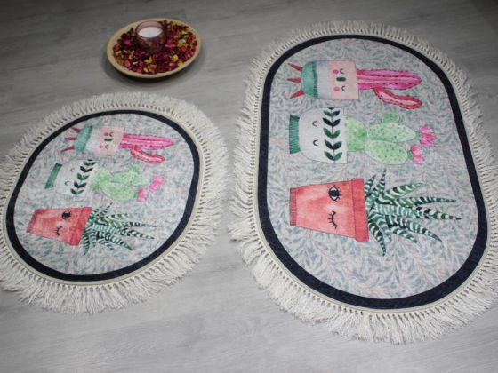 Oval Saçaklı 2'li Banyo Paspas Takımı Smile Flowers Gri - Çeyiz Diyarı
