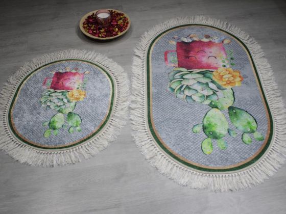 Oval Saçaklı 2'li Banyo Paspas Takımı Smile Gri - Çeyiz Diyarı