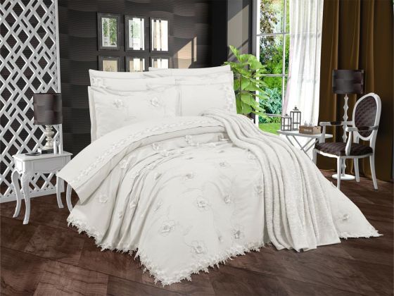 Pamukkale Şönil Nakışlı 10 Parça Gelin Seti Krem - Çeyiz Diyarı