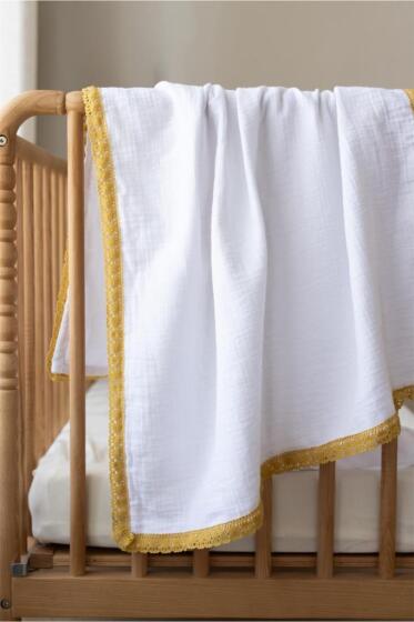 Pamuklu Kenarı Fistolu Bebek Battaniyesi 80x100 Cm Beyaz - 