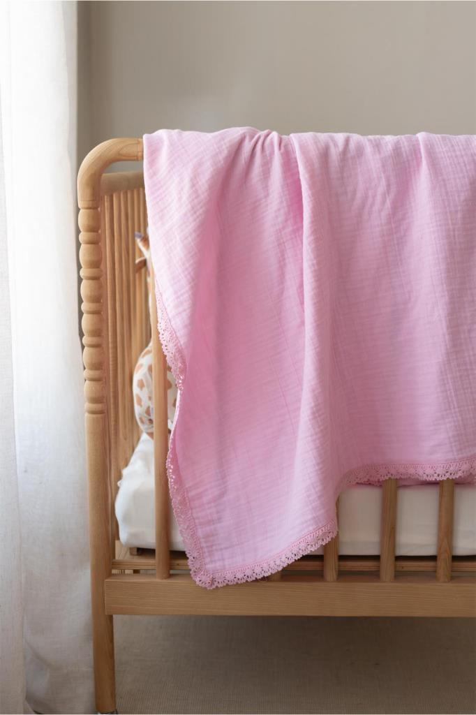 Pamuklu Kenarı Fistolu Bebek Battaniyesi 80x100 Cm Pembe - 1