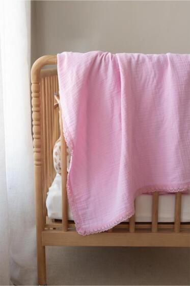 Pamuklu Kenarı Fistolu Bebek Battaniyesi 80x100 Cm Pembe - 