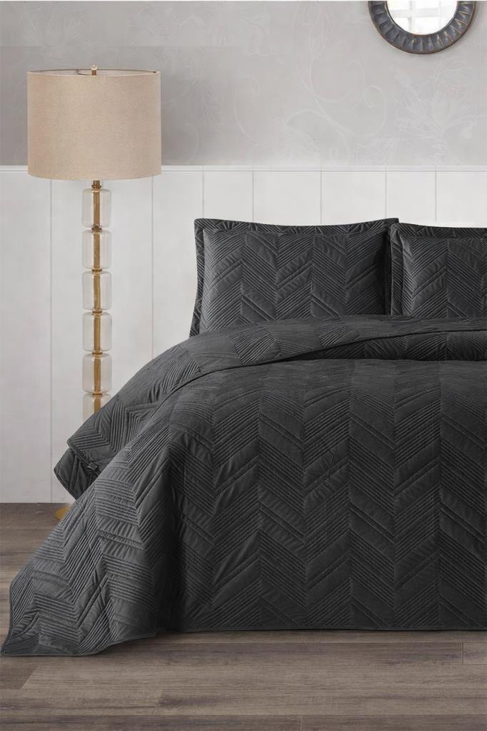 Paris Çift Kişilik Lüks Kadife 240x260 cm Yatak Örtüsü Antrasit - 1