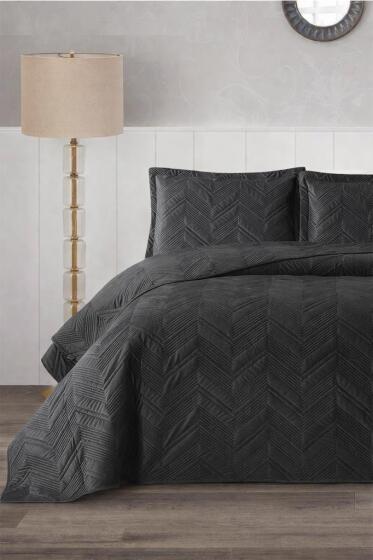 Paris Çift Kişilik Lüks Kadife 240x260 cm Yatak Örtüsü Antrasit - Çeyiz Diyarı
