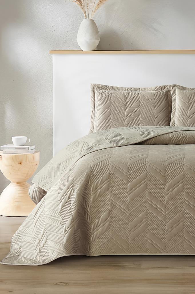 Paris Çift Kişilik Lüks Kadife 240x260 cm Yatak Örtüsü Bej - 1