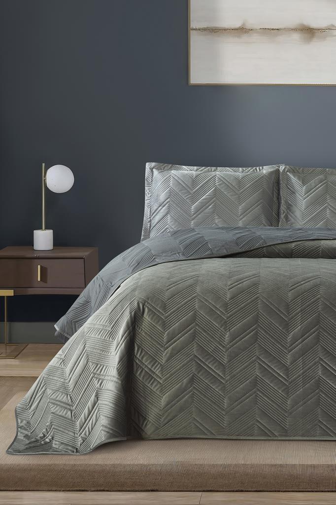 Paris Çift Kişilik Lüks Kadife 240x260 cm Yatak Örtüsü Koyu Yeşil - 1