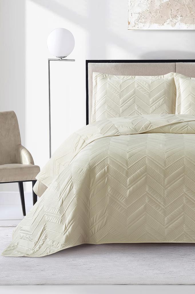 Paris Çift Kişilik Lüks Kadife 240x260 cm Yatak Örtüsü Krem - 1