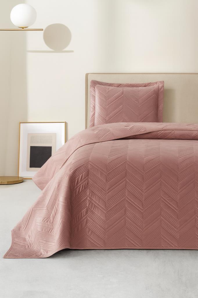 Paris Tek Kişilik Lüks Kadife 180x240 cm Yatak Örtüsü Gül Kurusu - 1