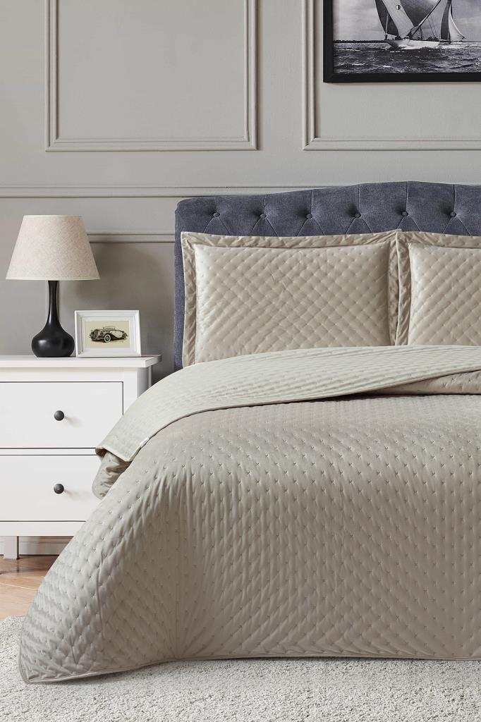 Parma Çift Kişilik Lüks Kadife 240x260 cm Yatak Örtüsü Bej - 1