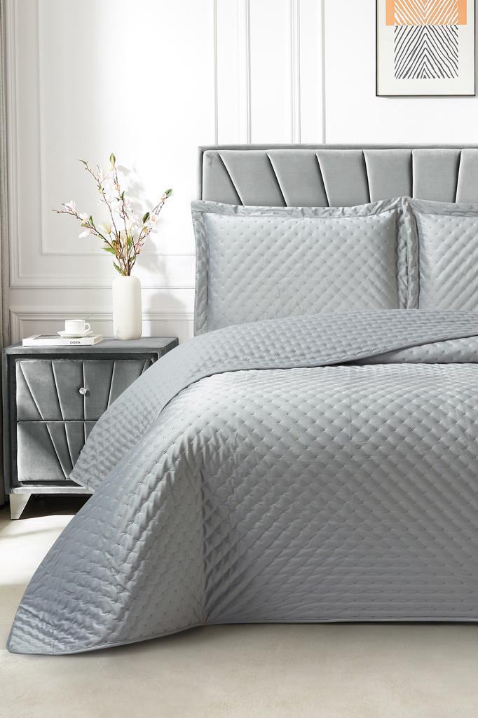 Parma Çift Kişilik Lüks Kadife 240x260 cm Yatak Örtüsü Gri - 1