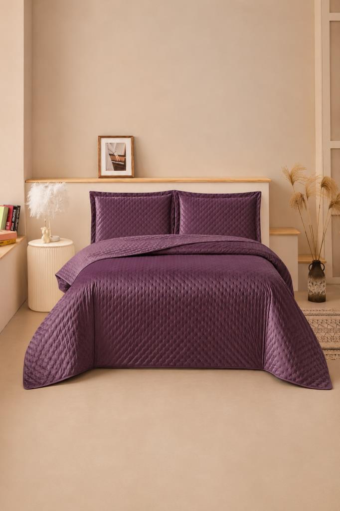Parma Çift Kişilik Lüks Kadife 240x260 cm Yatak Örtüsü Mürdüm - 1
