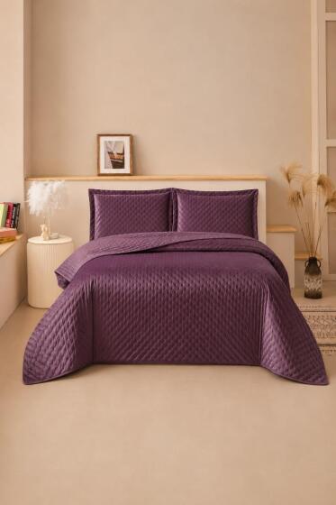 Parma Çift Kişilik Lüks Kadife 240x260 cm Yatak Örtüsü Mürdüm - Çeyiz Diyarı