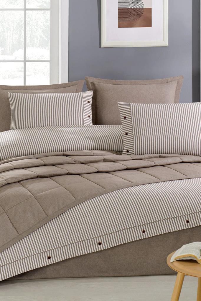 Pasioni 7 Parça %100 Pamuk Çift Kişilik Yatak Örtülü Nevresim Takımı Bej - 1