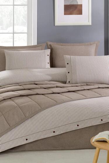 Pasioni 7 Parça %100 Pamuk Çift Kişilik Yatak Örtülü Nevresim Takımı Bej - Çeyiz Diyarı