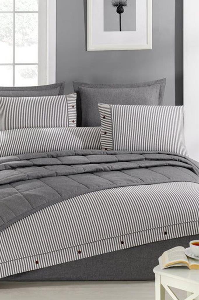 Pasioni 7 Parça %100 Pamuk Çift Kişilik Yatak Örtülü Nevresim Takımı Gri - 1