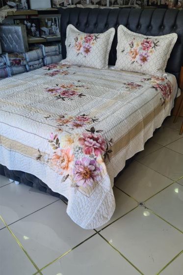 Pesta Baskılı Kapitoneli Çift Kişilik Yatak Örtüsü - Çeyiz Diyarı