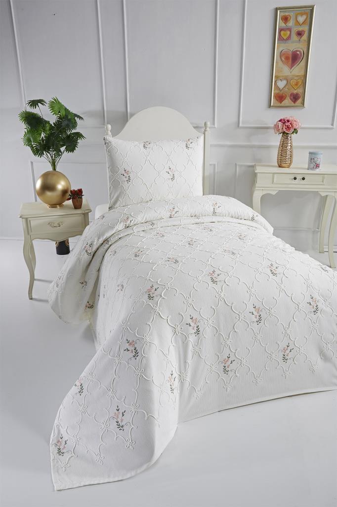 Pinkrose Nakışlı Şönil 2 Parça Tek Kişilik Yatak Örtüsü Krem - 2