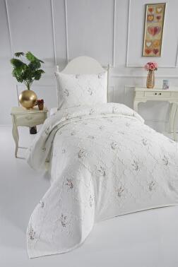 Pinkrose Nakışlı Şönil 2 Parça Tek Kişilik Yatak Örtüsü Krem - 2