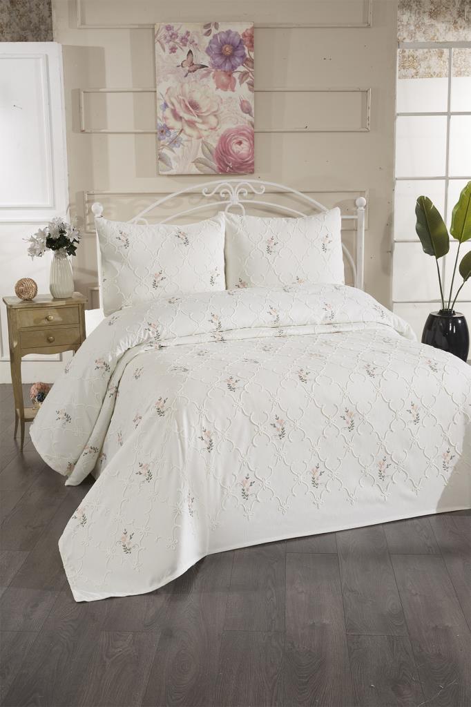 Pinkrose Nakışlı Şönil 3 Parça Çift Kişilik Yatak Örtüsü Krem - 2