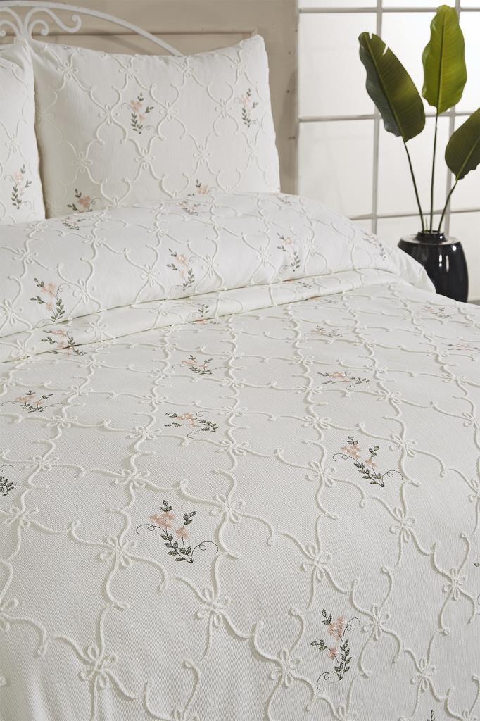 Pinkrose Nakışlı Şönil 3 Parça Çift Kişilik Yatak Örtüsü Krem - 5