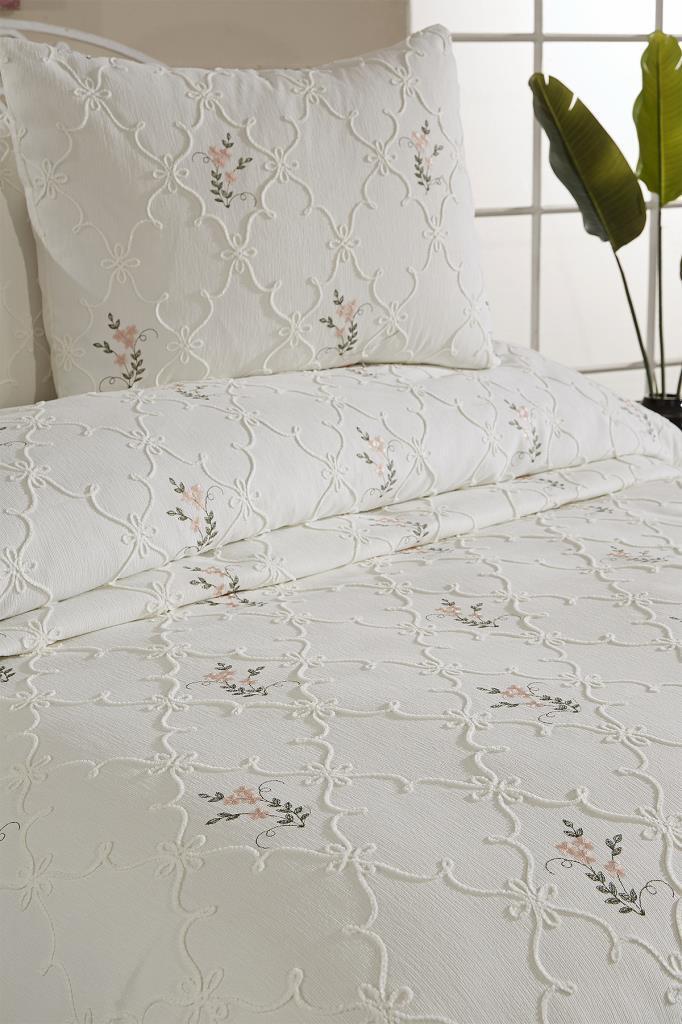 Pinkrose Nakışlı Şönil 3 Parça Çift Kişilik Yatak Örtüsü Krem - 6