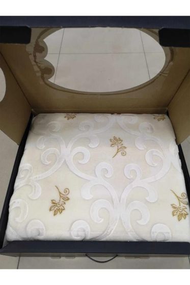 Pırıltı Embos Çift Kişilik Tek Battaniye 220x240 Cm Krem - Altın - Hobby (1)