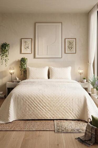 Porto Çift Taraflı Çift Kişilik 240x260cm Yatak Örtüsü Krem - Çeyiz Diyarı