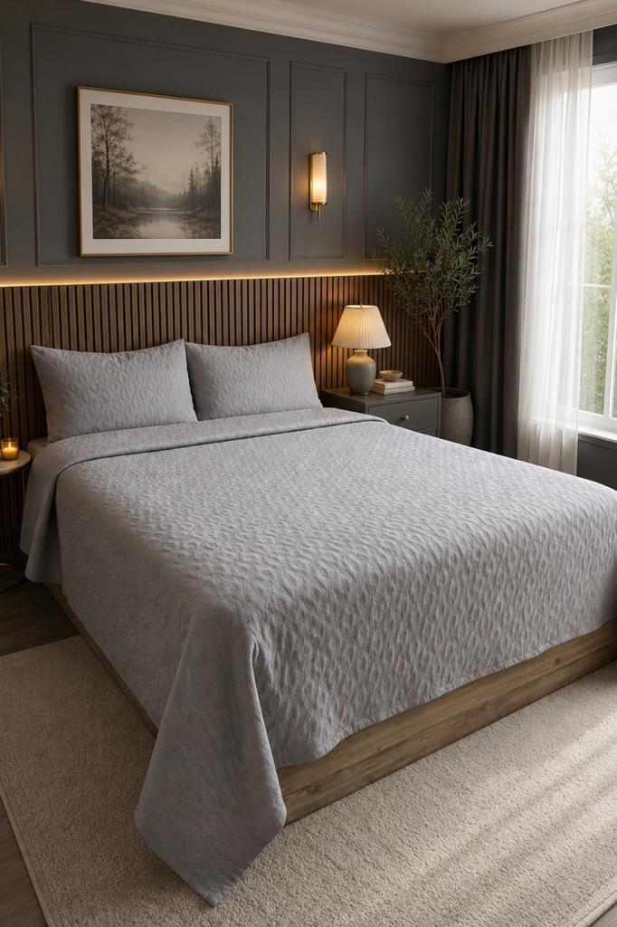 Powderlove 3 Parça Çift Kişilik Yatak Örtüsü 235x250 cm Gri - 1